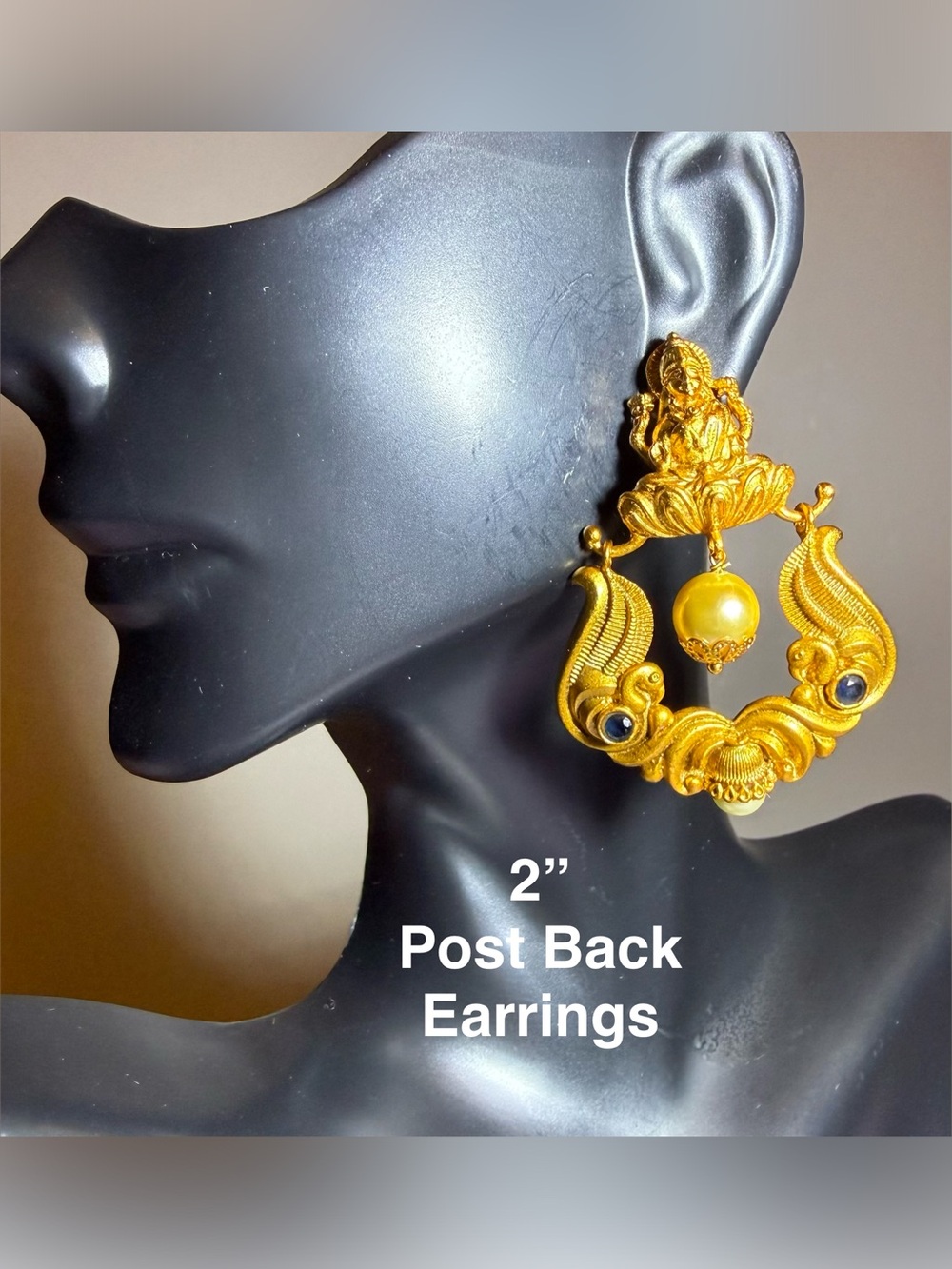 Gold-Tone Ornate Drop Earrings with Central Pearl Accent